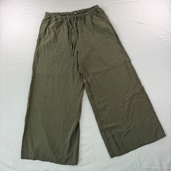 Fashion Bug Pants - Women Linen Blend Wide Leg Pants Olive Green Drawstring Elastic Waist Casual XL